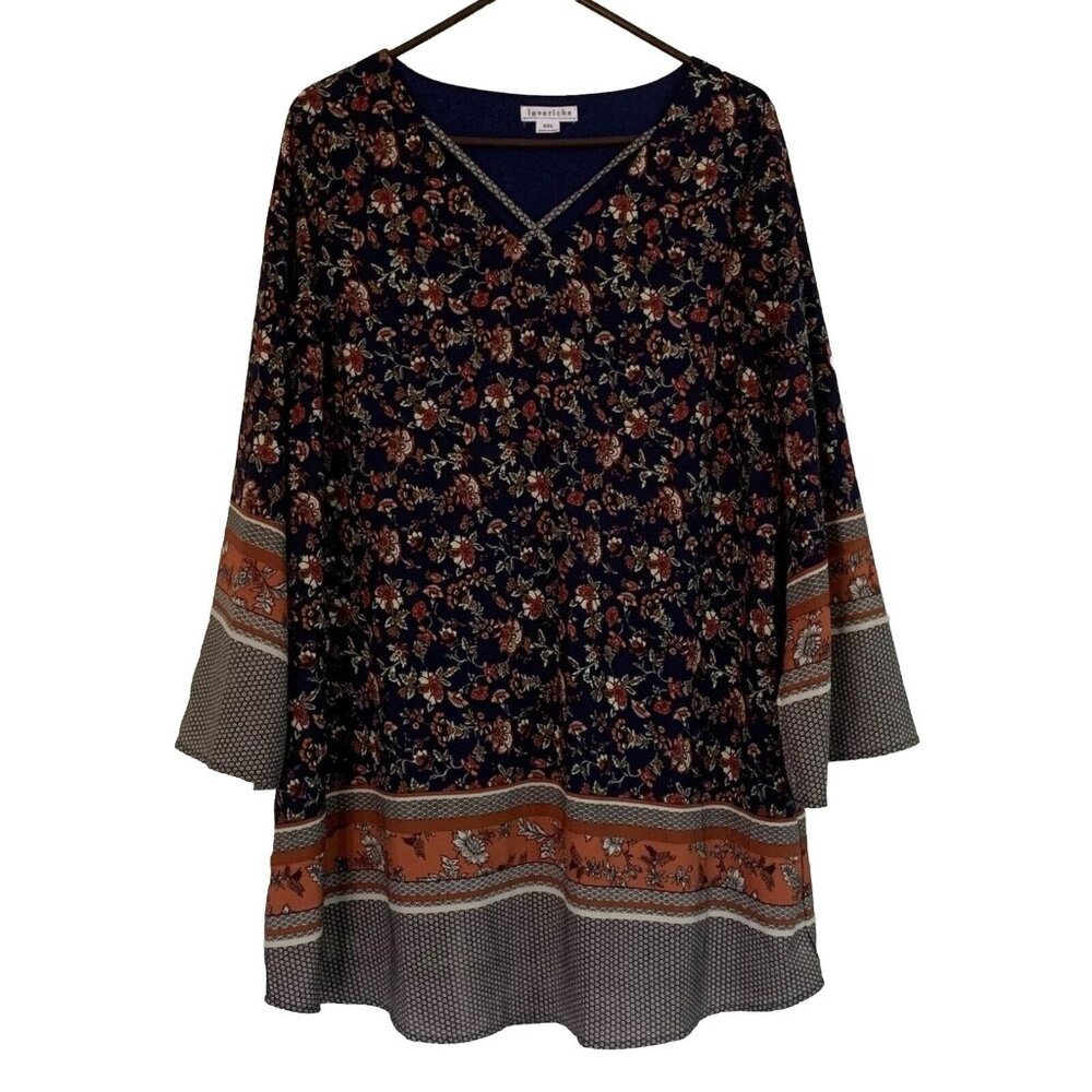 Tunic Plus Size Blue Dress Shirt Lined Big Wide 3/4 Sleeves Top Loverichie 2XL